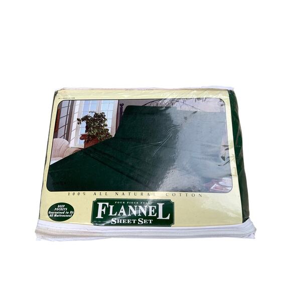 Vintage 80s 90s Hunter Green Flannel Set Full Size Sheets Deep Pocket Old Stock - Picture 4 of 4